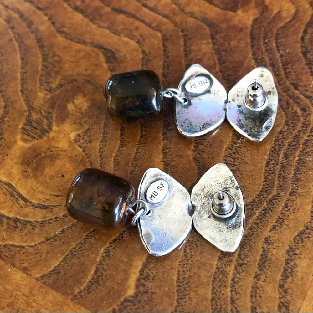 Marjorie Baer modernist textured sterling silver amber dangle earrings